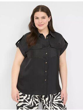 Lane Bryant Button Down Safari Blouse Top Satin Finish Womens Size14 Black